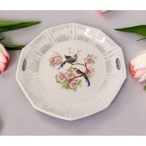 Vintage Germany Bird of Paradise Porcelain Plate Lusterware Dual Handles 9.75 in